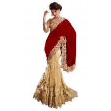 Triveni Captivating Red Colored Embroidered Net Velvet Saree